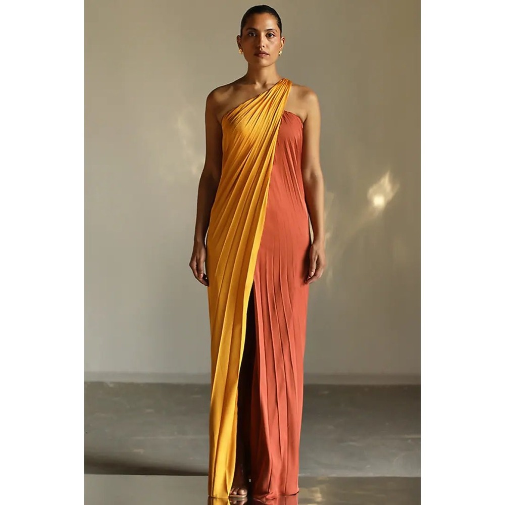 NWT Zwaan Dune Dress 100% Silk One Shoulder Pleated Gown Rust Gold XS